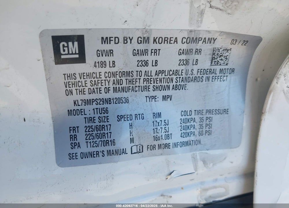 2022 CHEVROLET TRAILBLAZER VIN: KL79MPS29NB120536