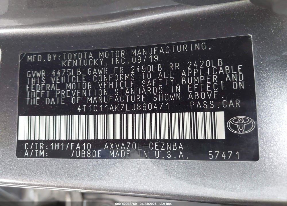 2020 TOYOTA CAMRY LE VIN: 4T1C11AK7LU860471