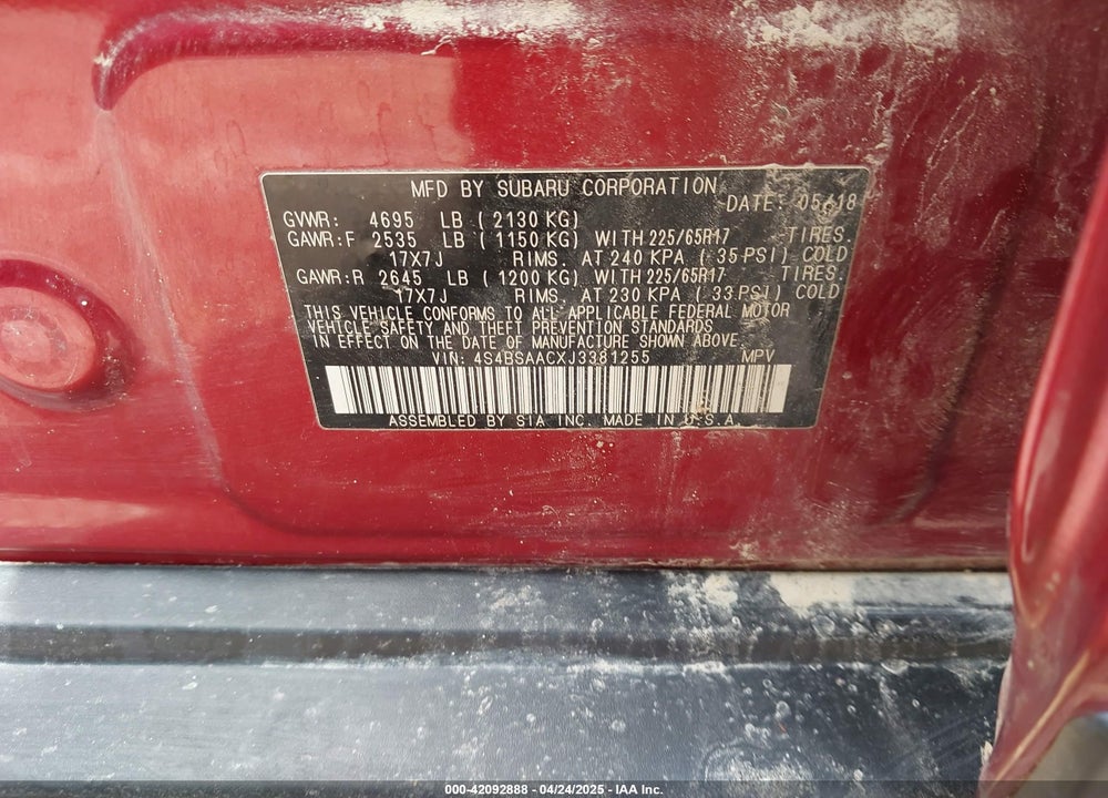 2018 SUBARU OUTBACK VIN: 4S4BSAACXJ3381255