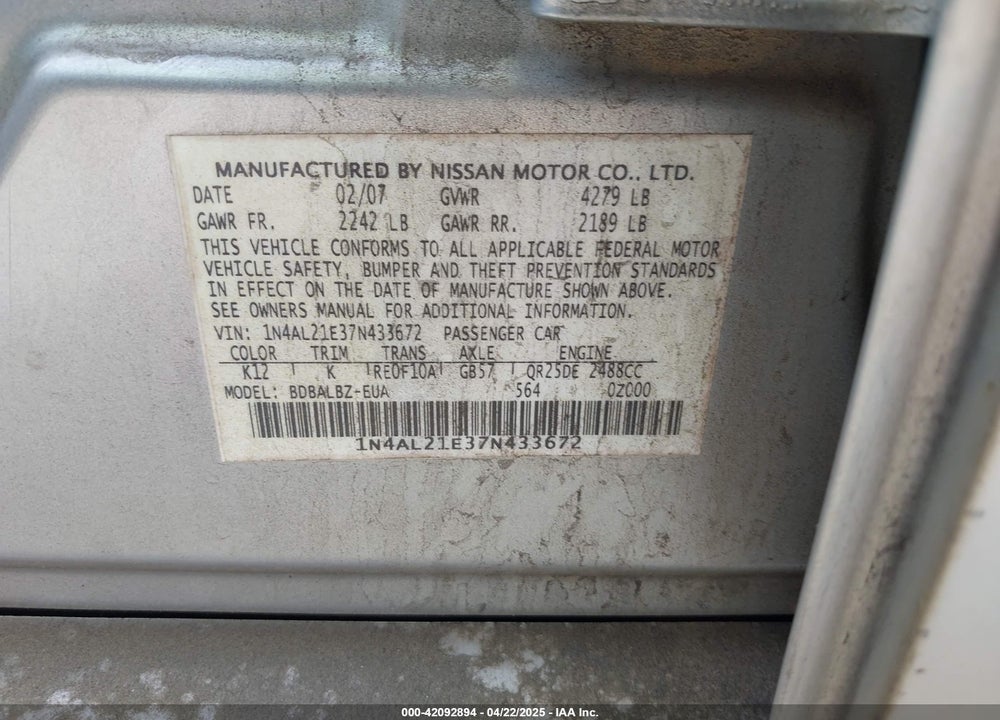 2007 NISSAN ALTIMA 2.5 S VIN: 1N4AL21E37N433672
