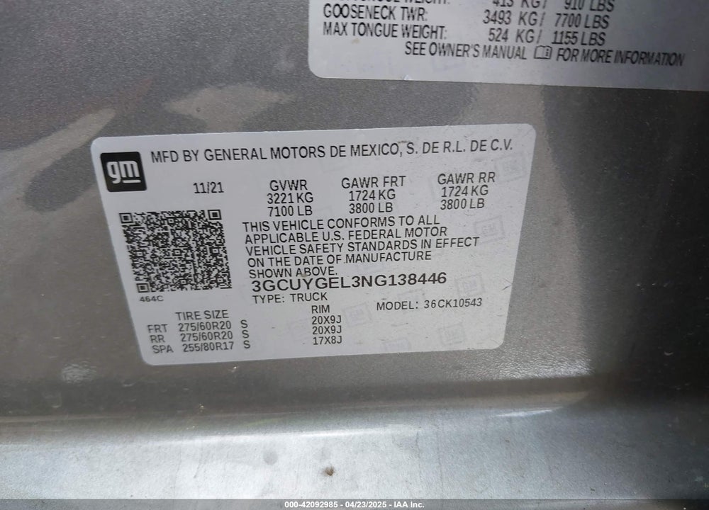 2022 CHEVROLET SILVERADO 1500 LTD VIN: 3GCUYGEL3NG138446