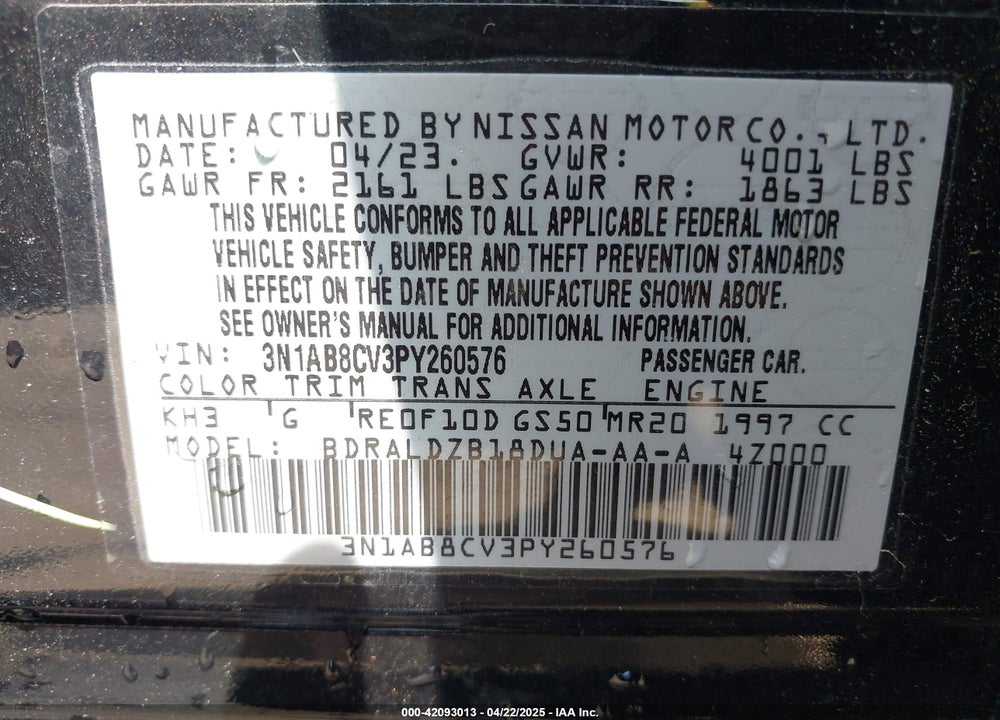 2023 NISSAN SENTRA VIN: 3N1AB8CV3PY260576