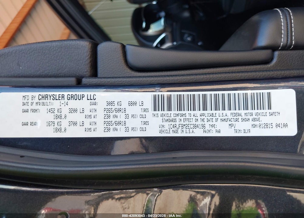 2014 JEEP GRAND CHEROKEE VIN: 1C4RJFBM2EC384196