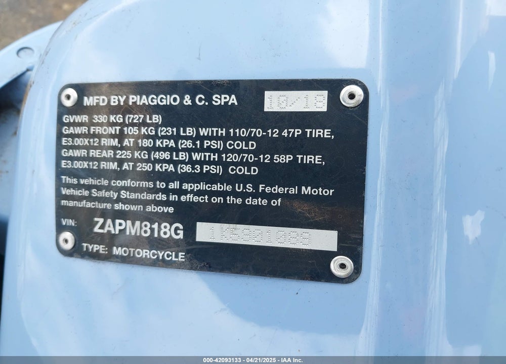 2019 VES PIAGGI SPRINT 150 VIN: ZAPM818G1K5901089
