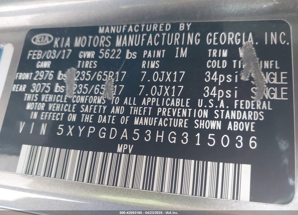 2017 KIA SORENTO 3.3L LX VIN: 5XYPGDA53HG315036