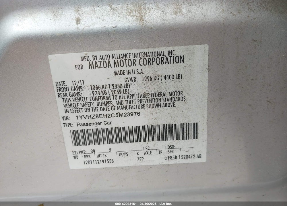 2012 MAZDA 6 VIN: 1YVHZ8EH2C5M23976