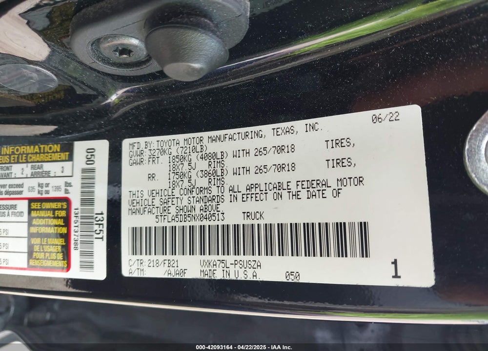 2022 TOYOTA TUNDRA VIN: 5TFLA5DB5NX040513