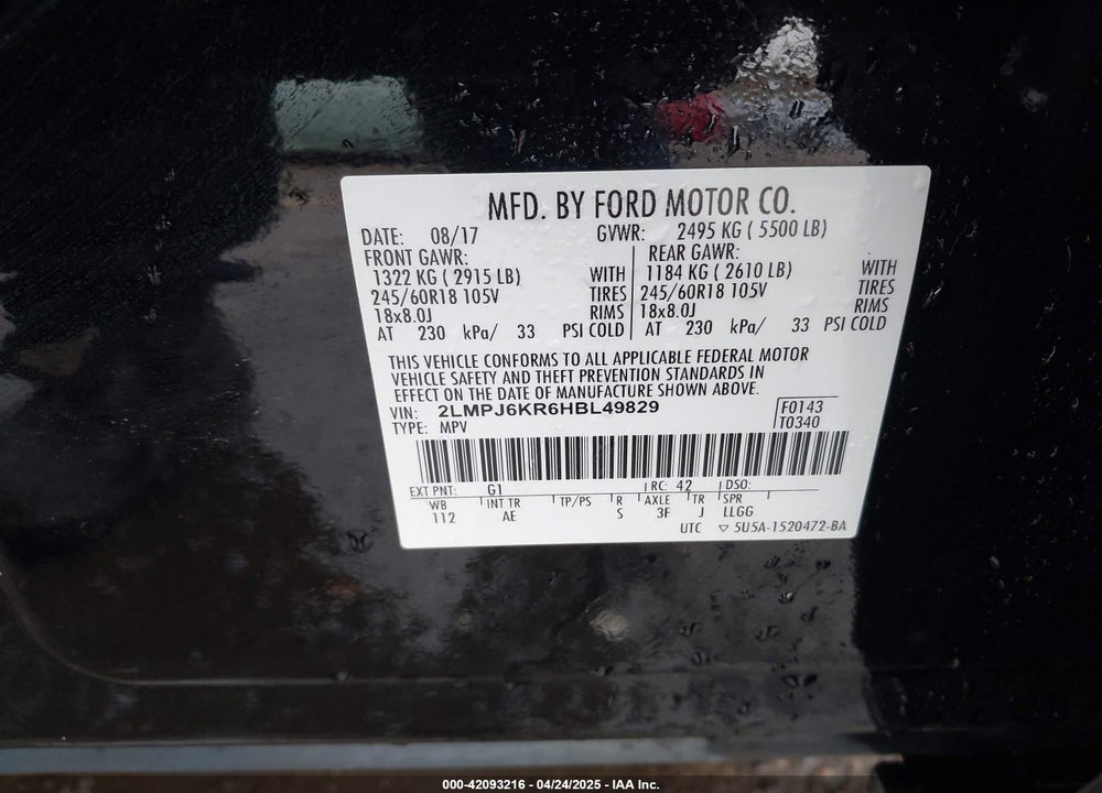 2017 LINCOLN MKX VIN: 2LMPJ6KR6HBL49829