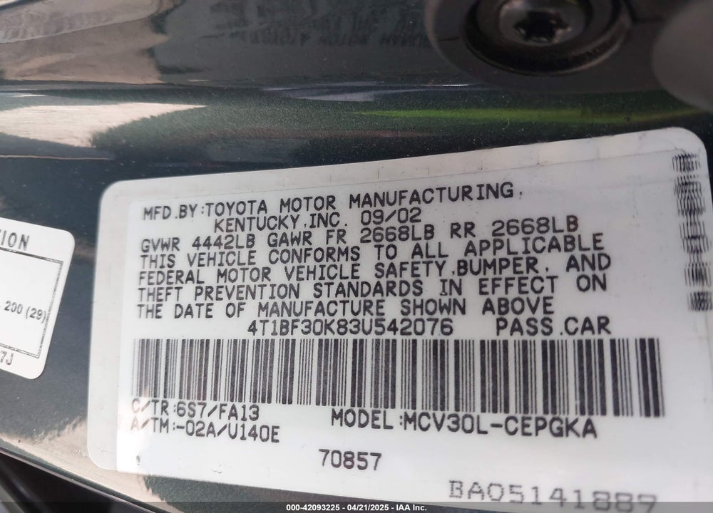 2003 TOYOTA CAMRY XLE V6 VIN: 4T1BF30K83U542076