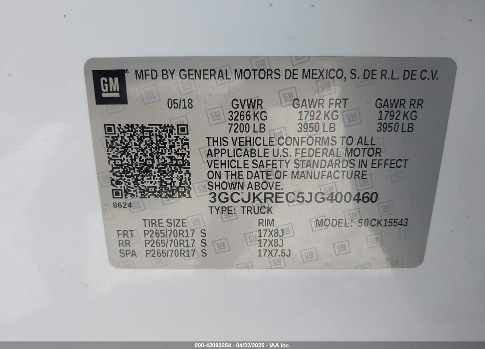 2018 CHEVROLET SILVERADO 1500 VIN: 3GCUKREC5JG400460