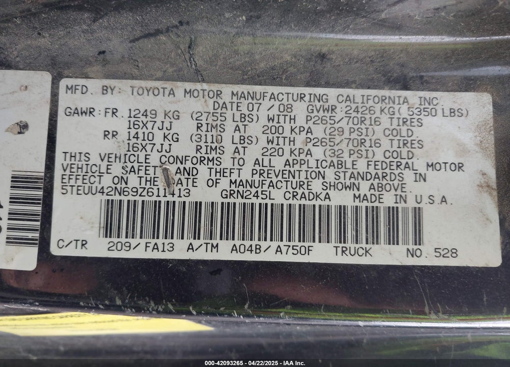 2009 TOYOTA TACOMA BASE V6 VIN: 5TEUU42N69Z611413