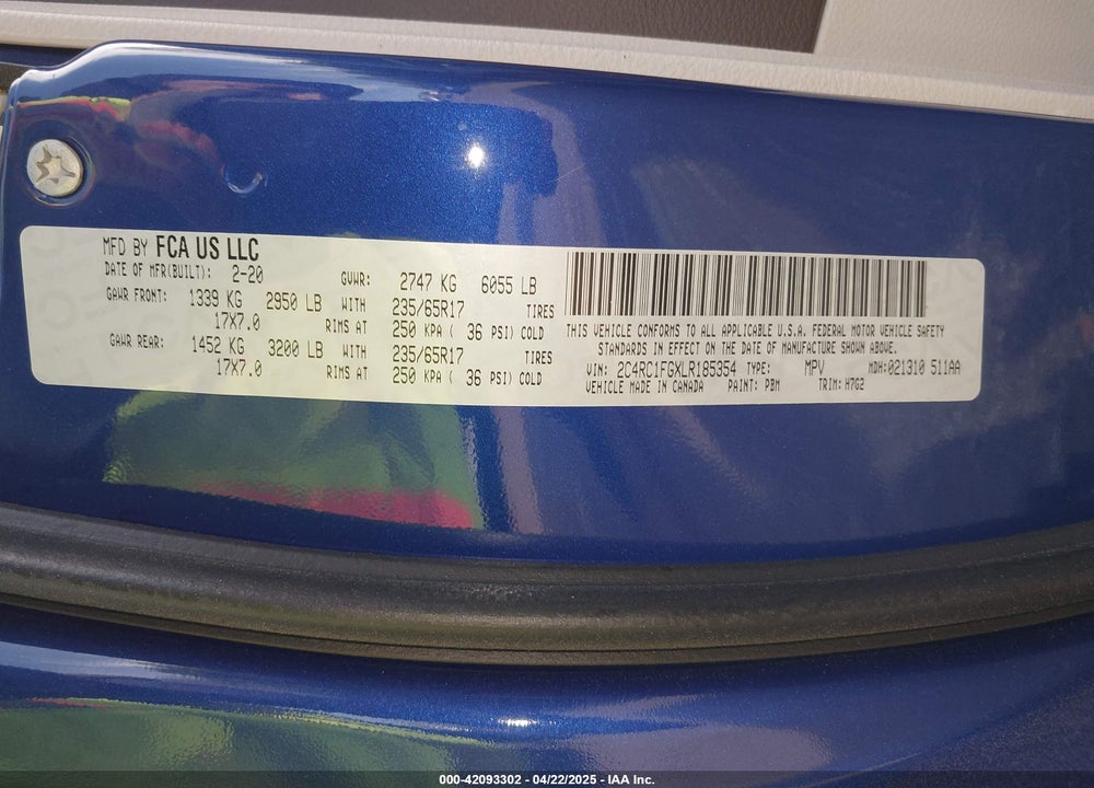 2020 CHRYSLER PACIFICA VIN: 2C4RC1FGXLR185354
