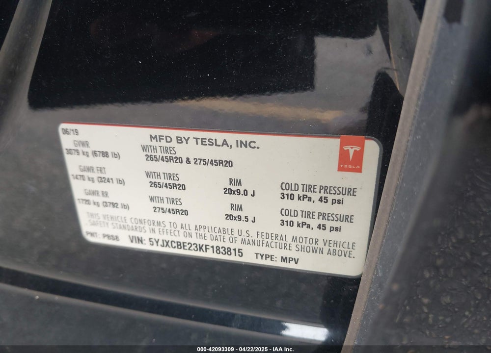2019 TESLA MODEL X VIN: 5YJXCBE23KF183815