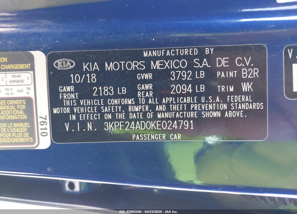 2019 KIA FORTE VIN: 3KPF24AD0KE024791
