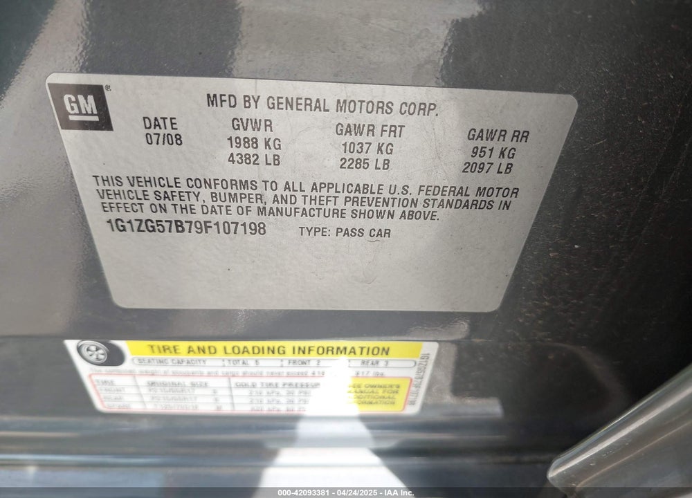 2009 CHEVROLET MALIBU VIN: 1G1ZG57B79F107198