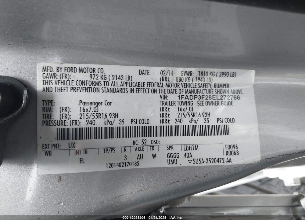 2014 FORD FOCUS SE VIN: 1FADP3F28EL272766