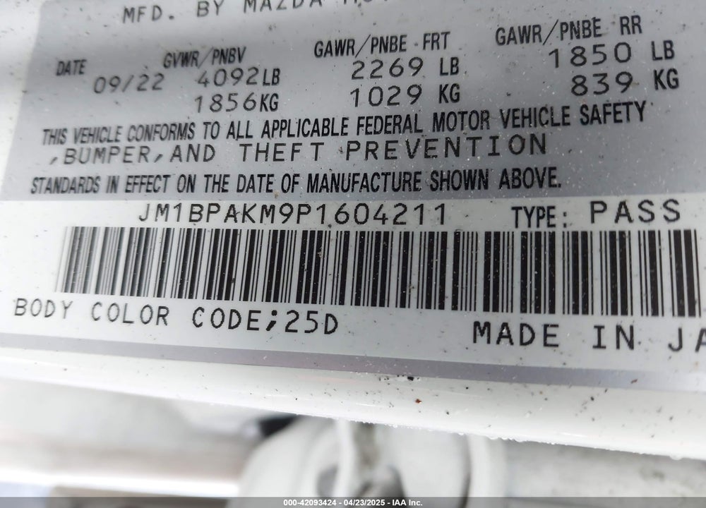 2023 MAZDA MAZDA3 VIN: JM1BPAKM9P1604211