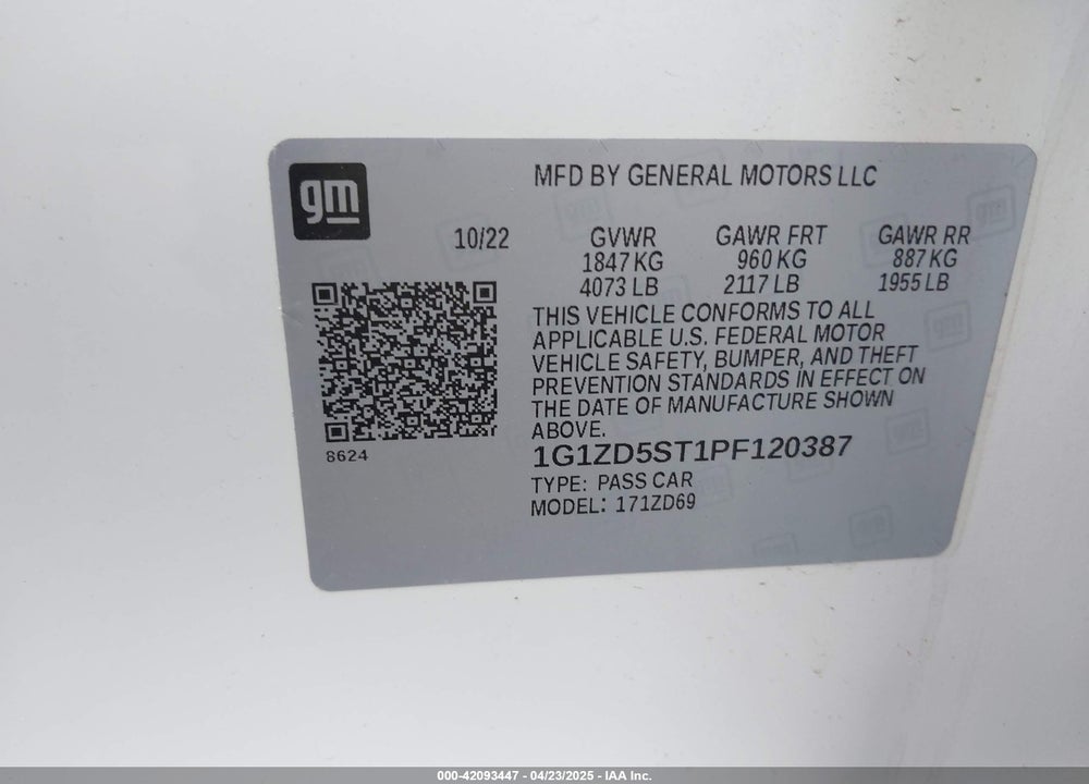 2023 CHEVROLET MALIBU VIN: 1G1ZD5ST1PF120387