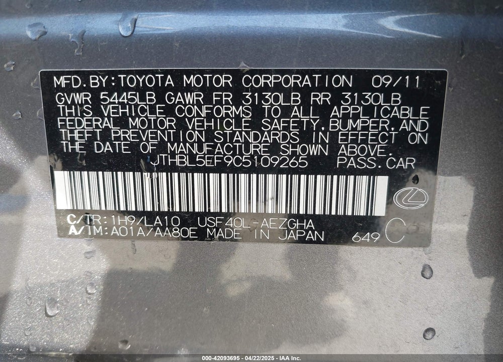 2012 LEXUS LS 460 VIN: JTHBL5EF9C5109265