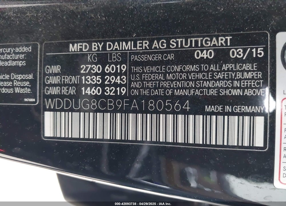 2015 MERCEDES-BENZ S CLASS VIN: WDDUG8CB9FA180564