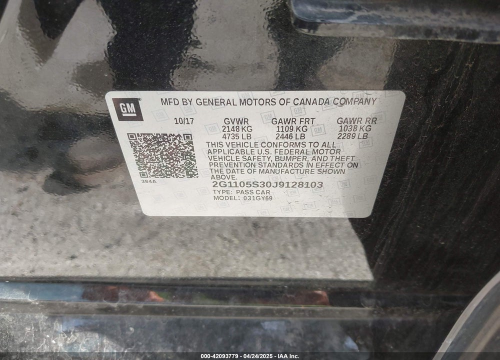 2018 CHEVROLET IMPALA 1LT VIN: 2G1105S30J9128103