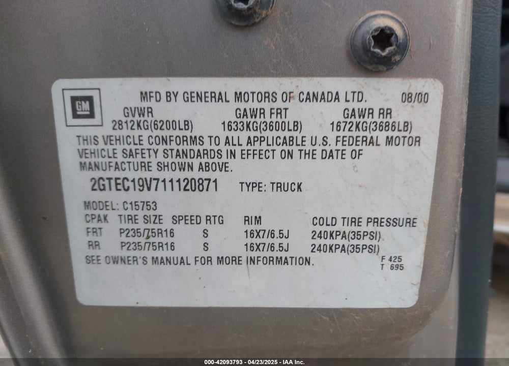 2001 GMC SIERRA 1500 SLE VIN: 2GTEC19V711120871