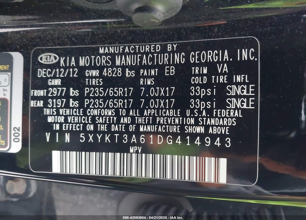 2013 KIA SORENTO VIN: 5XYKT3A61DG414943