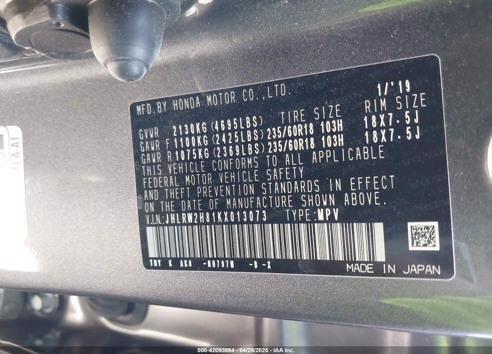 2019 HONDA CR-V EX-L VIN: JHLRW2H81KX013073