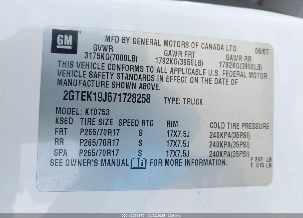 2007 GMC SIERRA 1500 VIN: 2GTEK19J671728258