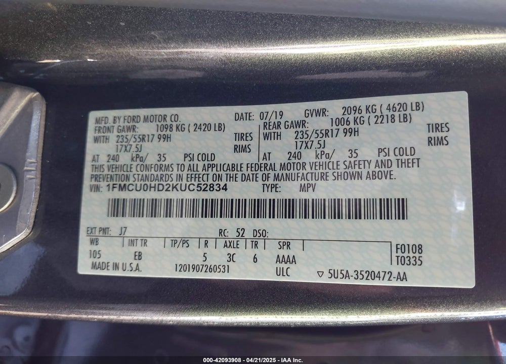2019 FORD ESCAPE VIN: 1FMCU0HD2KUC52834