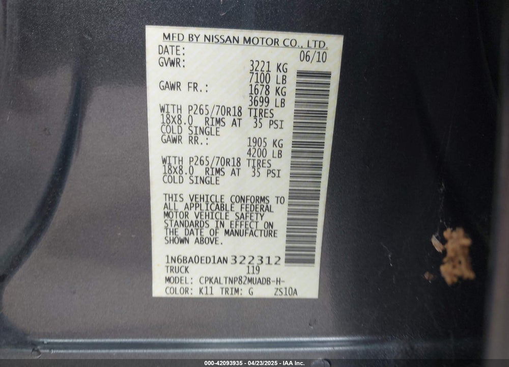 2010 NISSAN TITAN SE VIN: 1N6BA0ED1AN322312
