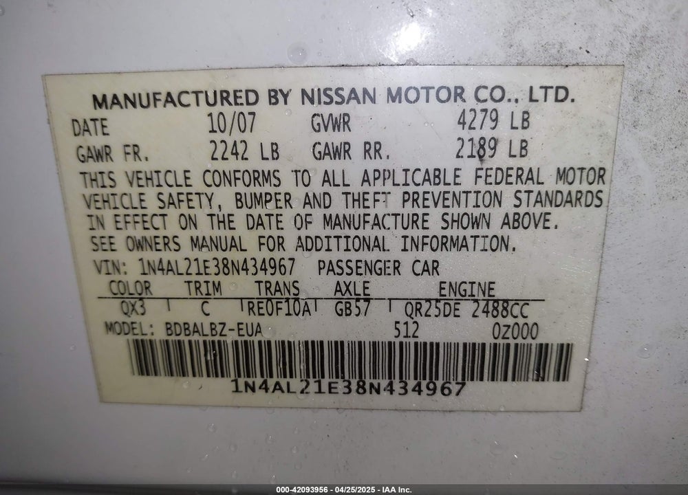 2008 NISSAN ALTIMA 2.5 S VIN: 1N4AL21E38N434967