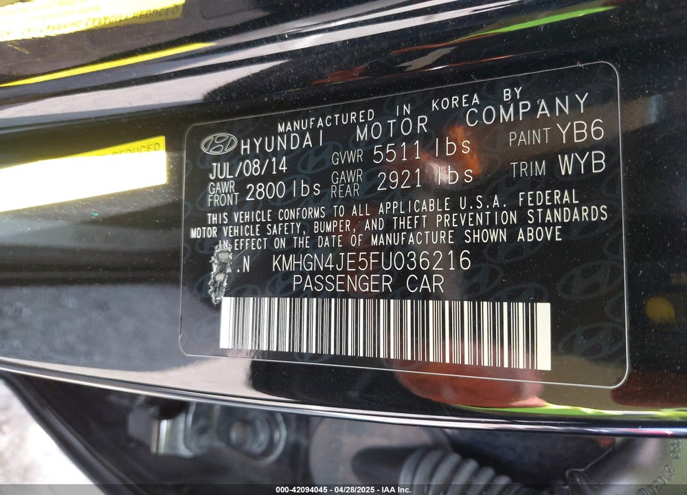 2015 HYUNDAI GENESIS 3.8 VIN: KMHGN4JE5FU036216