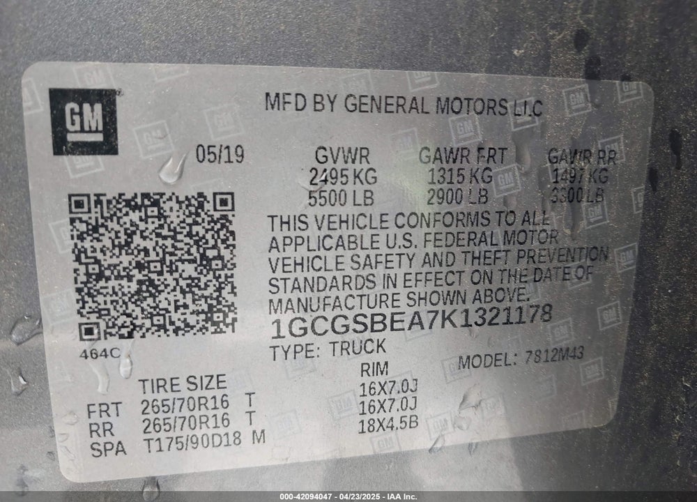 2019 CHEVROLET COLORADO VIN: 1GCGSBEA7K1321178