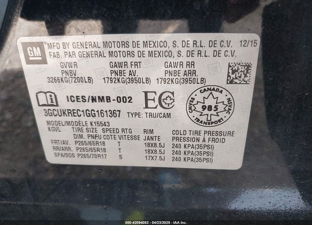 2016 CHEVROLET SILVERADO 1500 1LT/2LT VIN: 3GCUKREC1GG161367