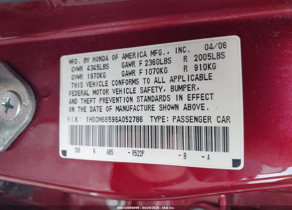 2006 HONDA ACCORD 3.0 EX VIN: 1HGCM66596A052786