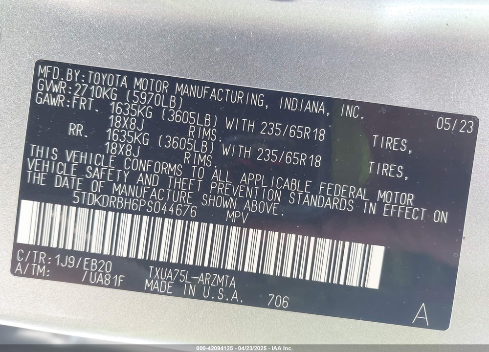 2023 TOYOTA HIGHLANDER XLE VIN: 5TDKDRBH6PS044676