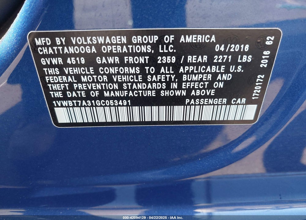 2016 VOLKSWAGEN PASSAT VIN: 1VWBT7A31GC053491