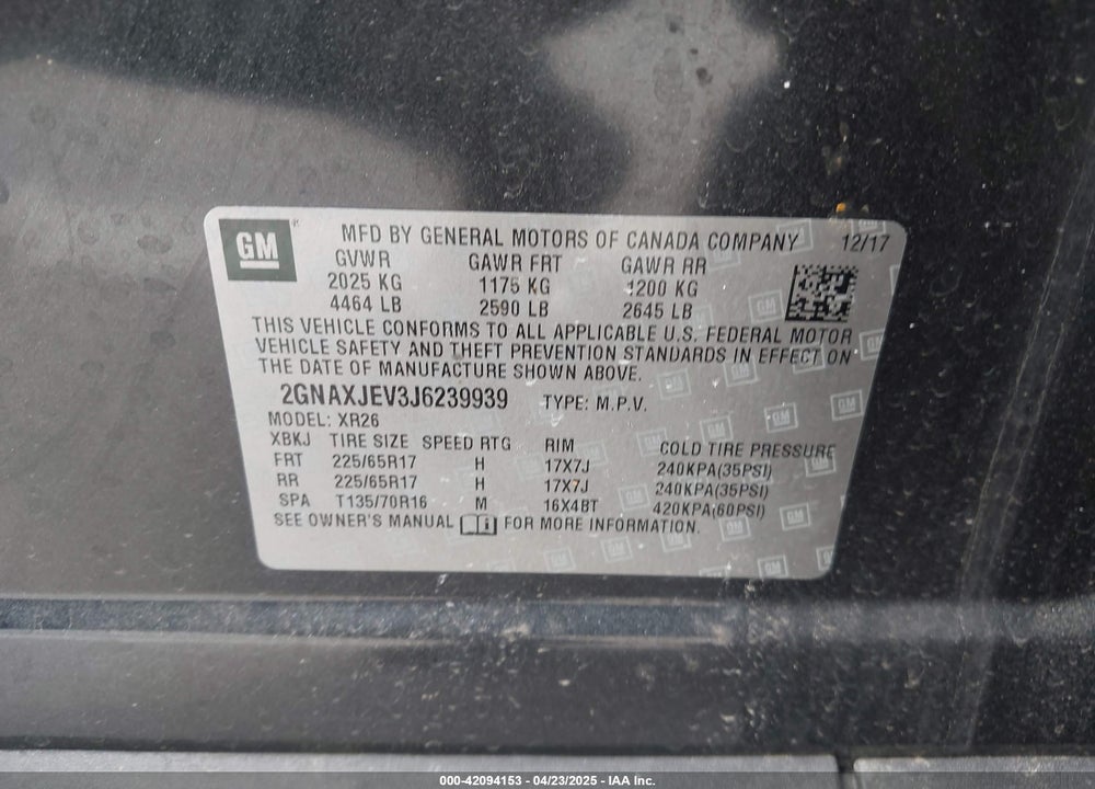 2018 CHEVROLET EQUINOX LT VIN: 2GNAXJEV3J6239939