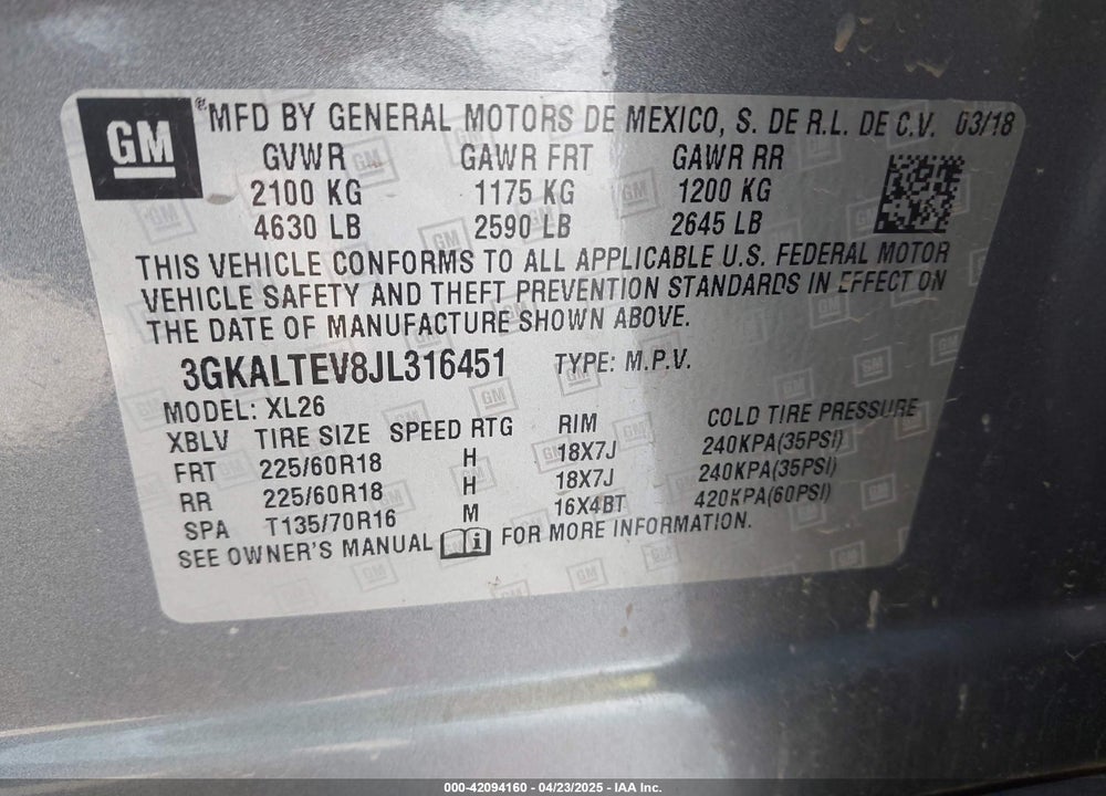 2018 GMC TERRAIN VIN: 3GKALTEV8JL316451