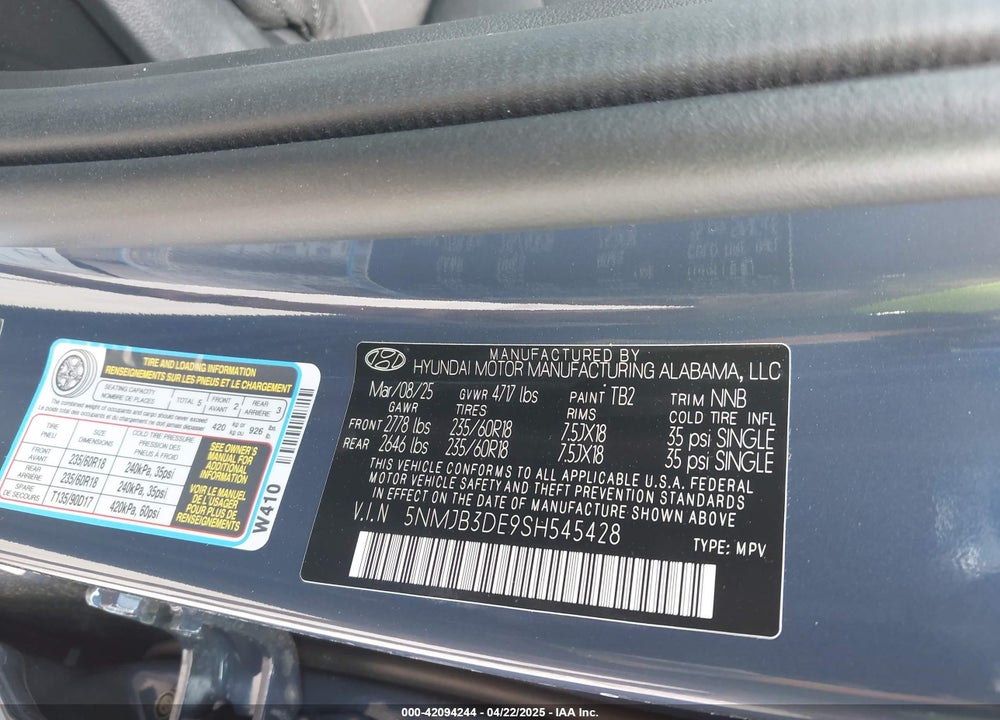 2025 HYUNDAI TUCSON VIN: 5NMJB3DE9SH545428