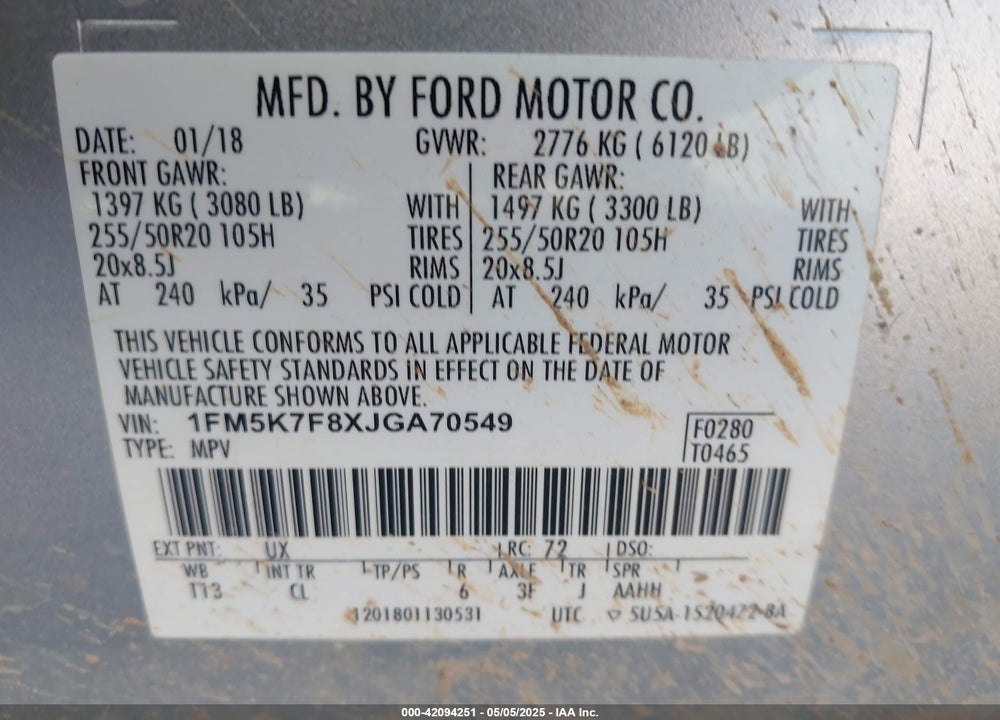 2018 FORD EXPLORER VIN: 1FM5K7F8XJGA70549