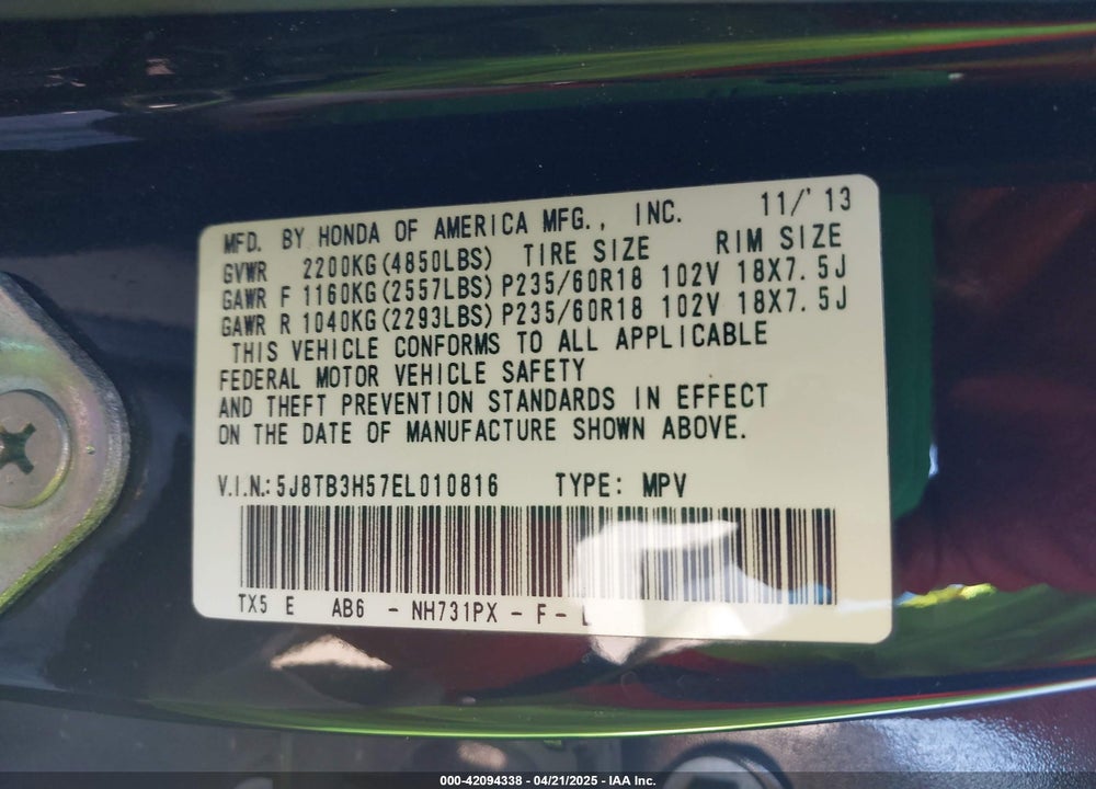 2014 ACURA RDX VIN: 5J8TB3H57EL010816