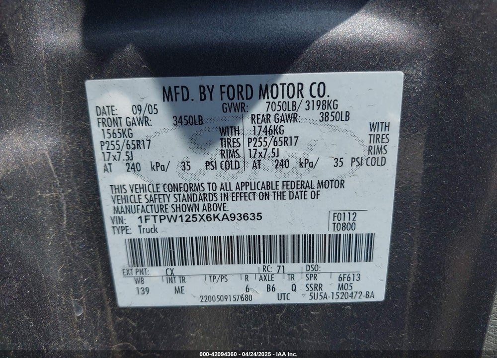 2006 FORD F-150 VIN: 1FTPW125X6KA93635