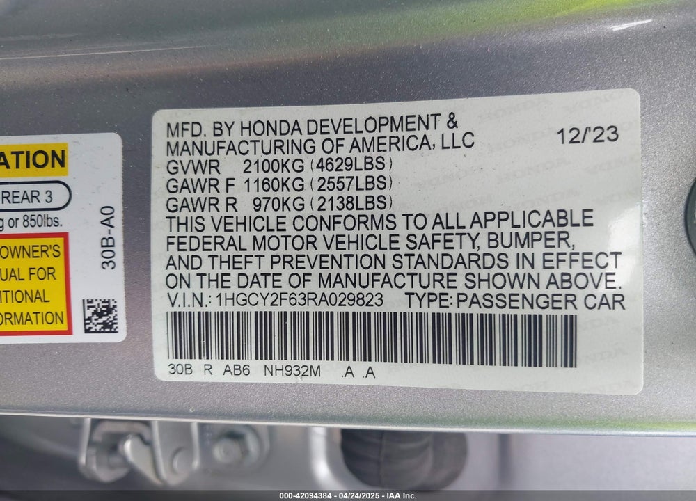 2024 HONDA ACCORD VIN: 1HGCY2F63RA029823