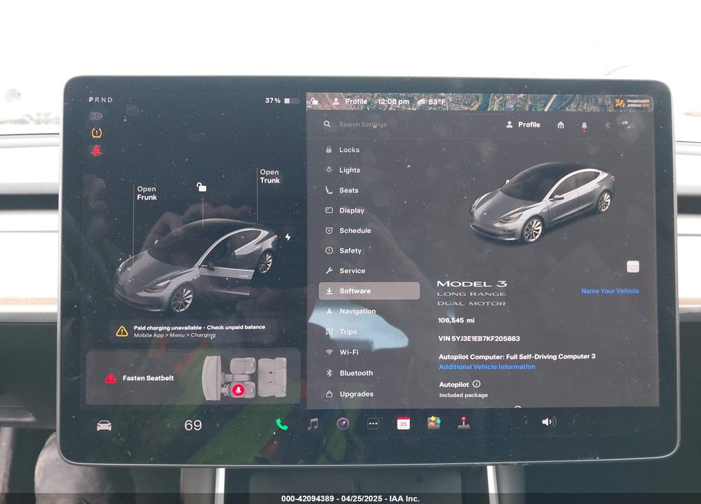2019 TESLA MODEL 3 LONG RANGE/PERFORMANCE VIN: 5YJ3E1EB7KF205883