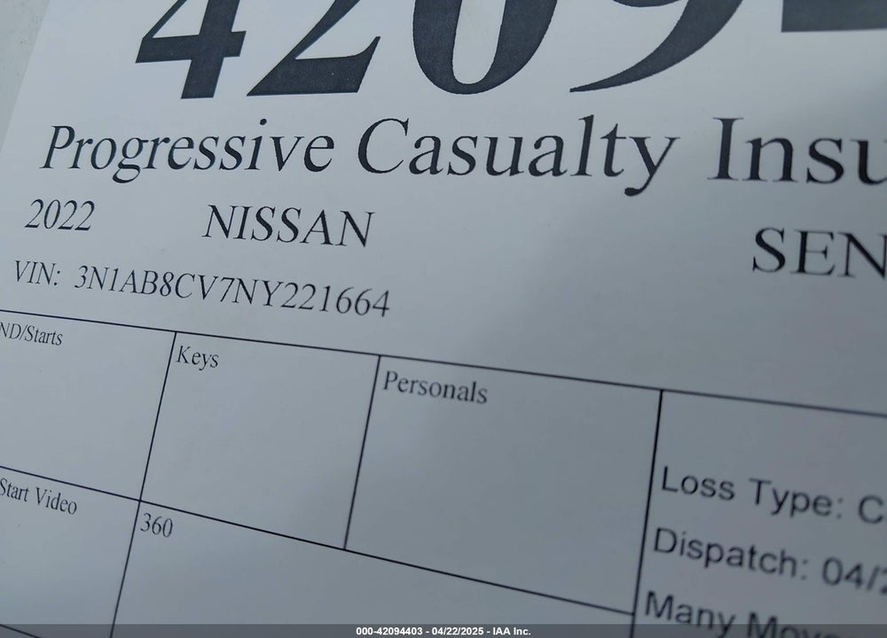 2022 NISSAN SENTRA VIN: 3N1AB8CV7NY221664
