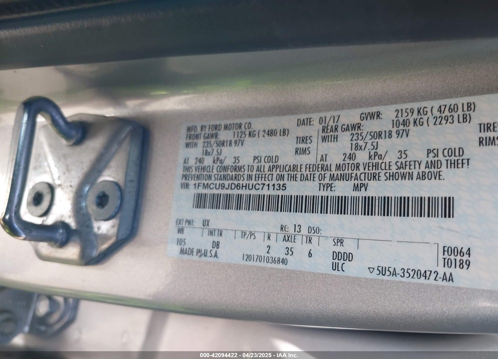 2017 FORD ESCAPE VIN: 1FMCU9JD6HUC71135