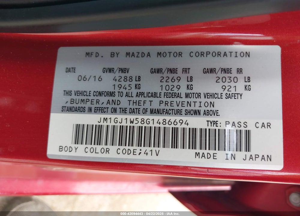 2016 MAZDA 6 I GRAND TOURING VIN: JM1GJ1W58G1486694
