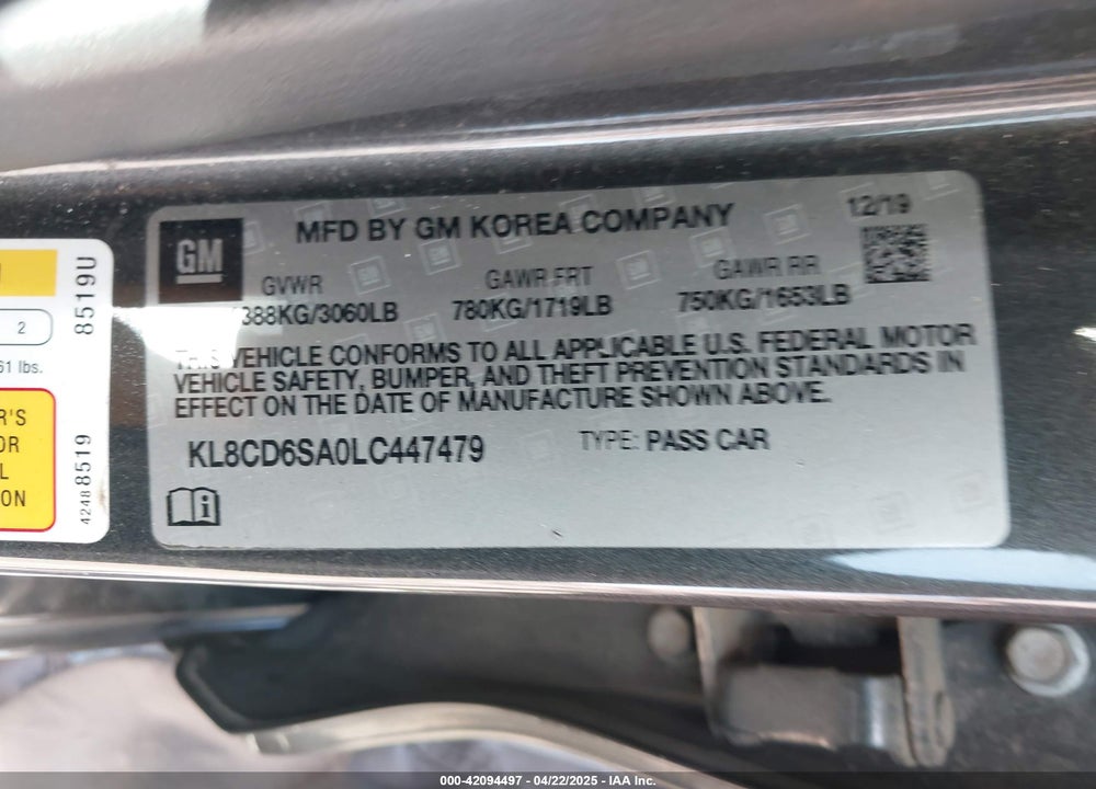 2020 CHEVROLET SPARK VIN: KL8CD6SA0LC447479